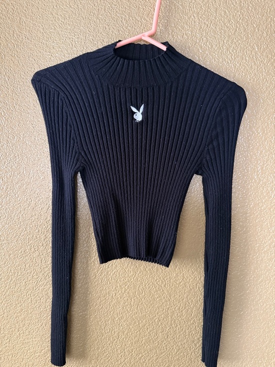 PLAYBOY Tops - PLAYBOY Black Ribbed Mock Neck Long Sleeve Top with Bunny Logo